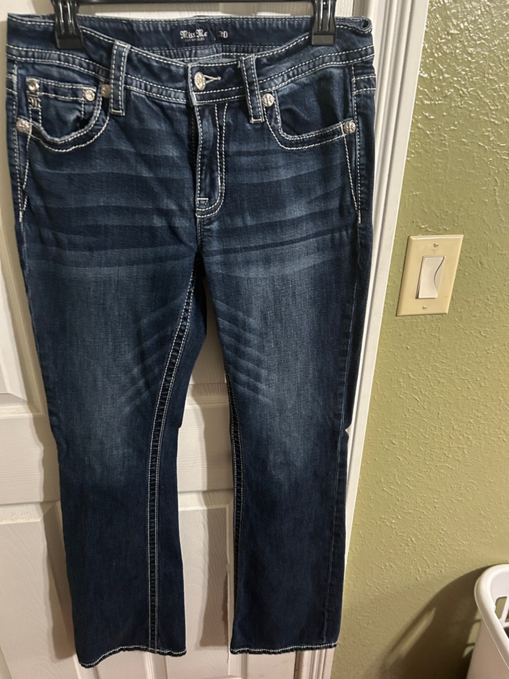 Miss Me Dark Indigo Straight Jeans with Contrast Stitching